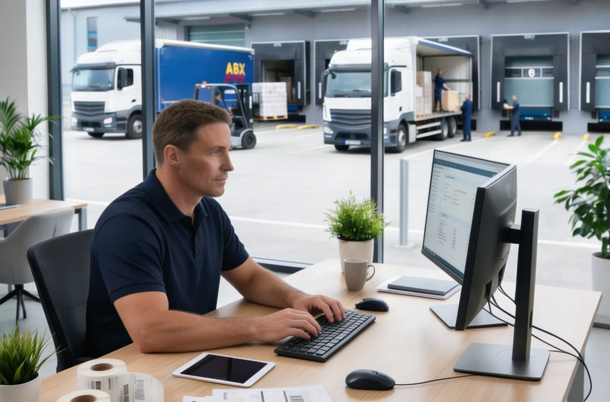 Ein Mann sitzt an einem Schreibtisch vor einem PC und arbeitet. Im Hintergrund werden LKWs beladen.